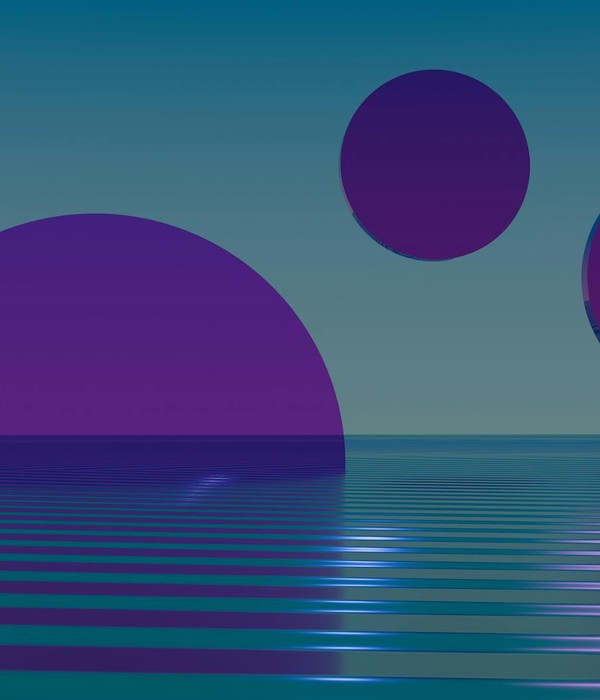 Purple geometric spheres floating over a serene water surface, digital abstract art.